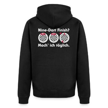 Nine-Dart Finish? Mach' ich täglich. - Unisex Premium Bio Zip Hoodie - Schwarz - Hinten - Nico (187cm)