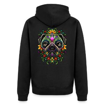 Jour de la mort Pug Illustration colorée détaillée - Veste à capuche bio Premium Unisexe - noir - Dos - Nico (187cm)