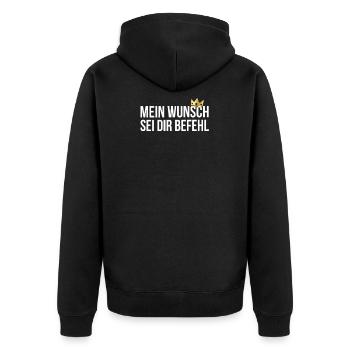 Mein Wunsch sei Dir Befehl mit Krone - Unisex Premium Bio Zip Hoodie - Schwarz - Hinten - Nico (187cm)