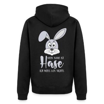 Mein Name ist Hase Ich weiss von nichts - Unisex Premium Bio Zip Hoodie - Schwarz - Hinten - Nico (187cm)