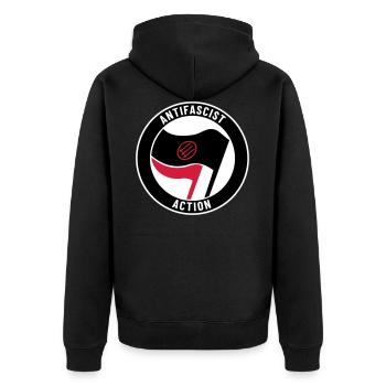 Antifascist Action – 3 Arrows - Unisex Premium Bio Zip Hoodie - Schwarz - Hinten - Nico (187cm)