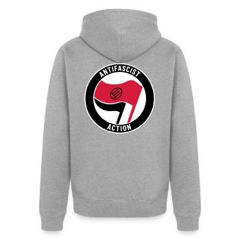 Antifascist Action – 3 Arrows - Unisex Premium Bio Zip Hoodie - Grau meliert - Hinten - Nico (187cm)