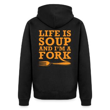 Life Is Soup, selbstironie satire ironie lustig - Unisex Premium Bio Zip Hoodie - Schwarz - Hinten - Nico (187cm)