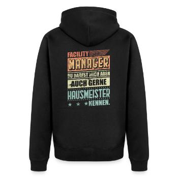 Hausmeister Facility Manager Geschenkidee - Unisex Premium Bio Zip Hoodie - Schwarz - Hinten - Nico (187cm)