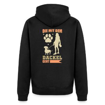 Die mit dem Dackel geht - Unisex Premium Bio Zip Hoodie - Schwarz - Hinten - Nico (187cm)