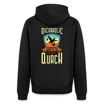 Duckaholic Hooked On Quack - Unisex Premium Bio Zip Hoodie - Schwarz - Hinten - Nico (187cm)