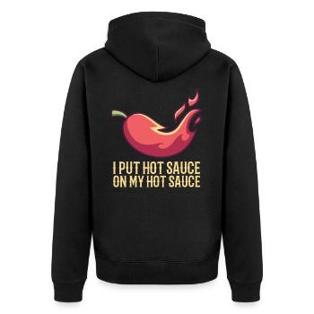 Hot Sauce, scharfes essen chili chilischote - Unisex Premium Bio Zip Hoodie - Schwarz - Hinten - Nico (187cm)