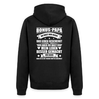 Bonus Papa Stiefvater Geschenk - Unisex Premium Bio Zip Hoodie - Schwarz - Hinten - Nico (187cm)