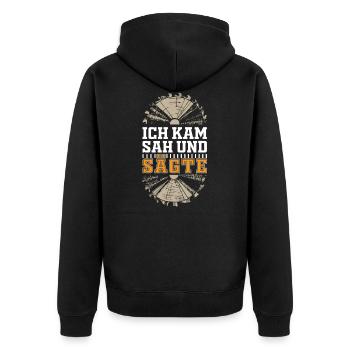 Forstwirt - Ich kam sah und sägte - Unisex Premium Bio Zip Hoodie - Schwarz - Hinten - Nico (187cm)