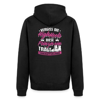 Vergiss High Heels Stahlkappenschuhe - Unisex Premium Bio Zip Hoodie - Schwarz - Hinten - Nico (187cm)