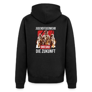 Jugendfeuerwehr Zukunft Freiwillige Feuerwehr - Unisex Premium Bio Zip Hoodie - Schwarz - Hinten - Nico (187cm)