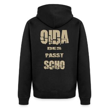 Oida des passt scho - Unisex Premium Bio Zip Hoodie - Schwarz - Hinten - Nico (187cm)