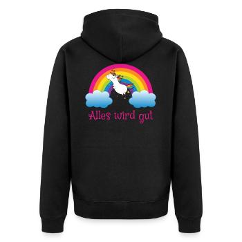 Regenbogen Einhorn Spruch Alles wird gut - Unisex Premium Bio Zip Hoodie - Schwarz - Hinten - Nico (187cm)