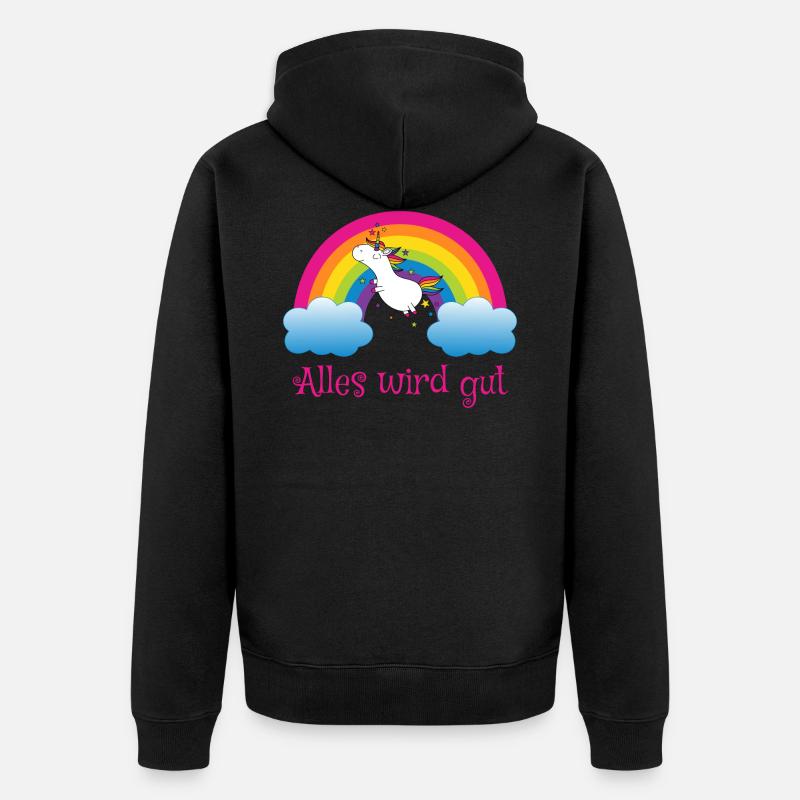 Regenbogen Einhorn Spruch Alles wird gut - Unisex Premium Bio Zip Hoodie - Schwarz