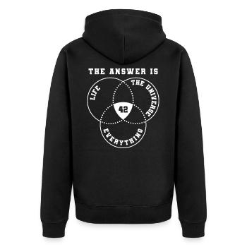 Die Antwort ist 42 - Unisex Premium Bio Zip Hoodie - Schwarz - Hinten - Nico (187cm)