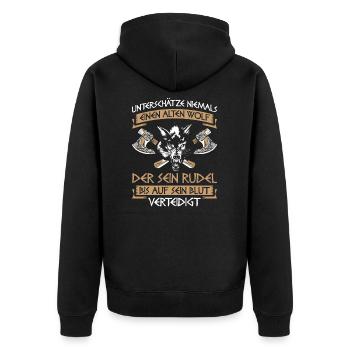 Unterschätze Niemals Einen Alten Wolf Wikinger - Unisex Premium Bio Zip Hoodie - Schwarz - Hinten - Nico (187cm)