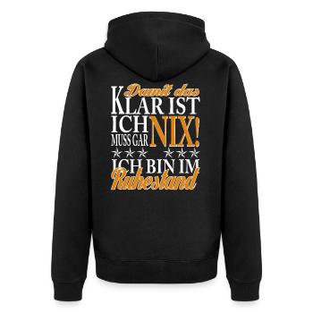 Ich bin im Ruhestand - Unisex Premium Bio Zip Hoodie - Schwarz - Hinten - Nico (187cm)