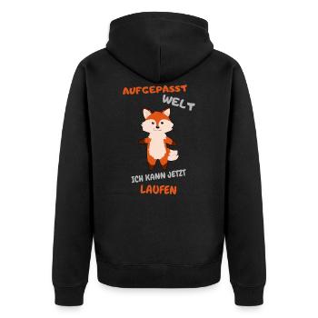 Aufgepasst Welt, ich kann jetzt laufen - Unisex Premium Bio Zip Hoodie - Schwarz - Hinten - Nico (187cm)
