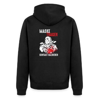 Maske tragen und Kontakte halbieren - Unisex Premium Bio Zip Hoodie - Schwarz - Hinten - Nico (187cm)