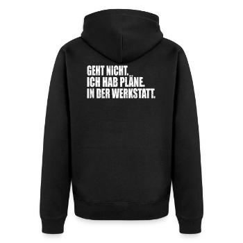 Pläne in der Werkstatt - Unisex Premium Bio Zip Hoodie - Schwarz - Hinten - Nico (187cm)