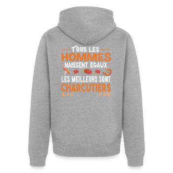 Charcutier homme. Cadeau métier charcuterie. Porc - Veste à capuche bio Premium Unisexe - gris chiné - Dos - Nico (187cm)