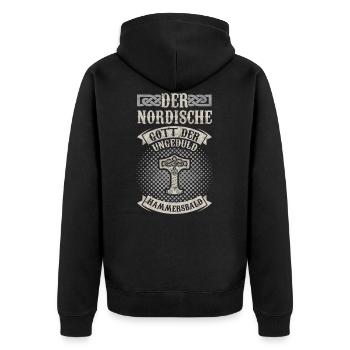 Der nordische Gott der Ungeduld hammersbald - Unisex Premium Bio Zip Hoodie - Schwarz - Hinten - Nico (187cm)