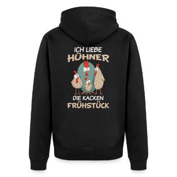 Hühner - Ich liebe Hühner die kacken Frühstück - Unisex Premium Bio Zip Hoodie - Schwarz - Hinten - Nico (187cm)