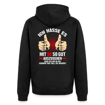 Geburtstag Sprüche | Lustiger 50 Geburtstag Spruch - Unisex Premium Bio Zip Hoodie - Schwarz - Hinten - Nico (187cm)