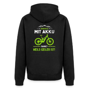 E-MTB Warum Ich Mit Akku Fahre E-Bike - Unisex Premium Bio Zip Hoodie - Schwarz - Hinten - Nico (187cm)