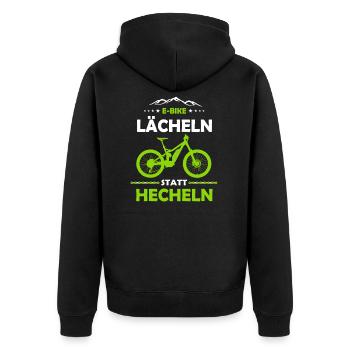 E-MTB Lächeln Statt Hecheln E-Bike - Unisex Premium Bio Zip Hoodie - Schwarz - Hinten - Nico (187cm)