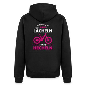 E-MTB Lächeln Statt Hecheln E-Bike - Unisex Premium Bio Zip Hoodie - Schwarz - Hinten - Nico (187cm)