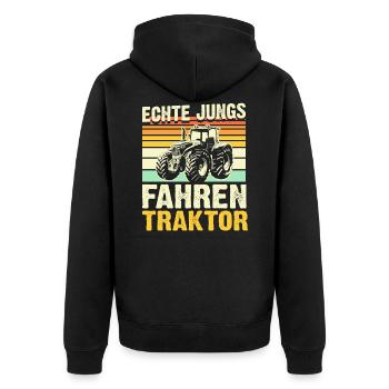 Traktor Bauer Landwirt Echte Jungs fahren Traktor - Unisex Premium Bio Zip Hoodie - Schwarz - Hinten - Nico (187cm)