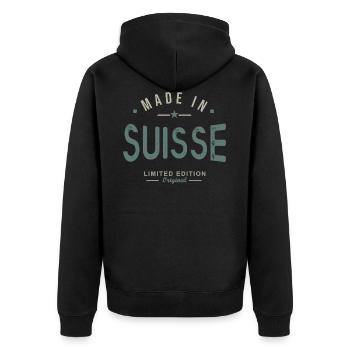 Swiss made in Switzerland Geburtstagsgeschenk - Unisex Premium Bio Zip Hoodie - Schwarz - Hinten - Nico (187cm)