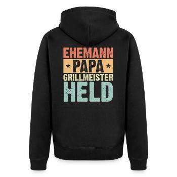 Ehemann Papa Grillmeister Held Retro - Unisex Premium Bio Zip Hoodie - Schwarz - Hinten - Nico (187cm)