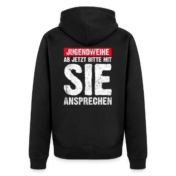 Jugendweihe Geschenkidee - Unisex Premium Bio Zip Hoodie - Schwarz - Hinten - Nico (187cm)