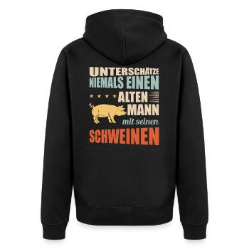 Schweine | Lustiger Schweinebauer Spruch - Unisex Premium Bio Zip Hoodie - Schwarz - Hinten - Nico (187cm)