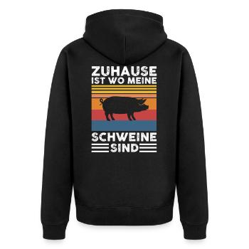 Schweine | Zuhause ist wo meine Schweine sind - Unisex Premium Bio Zip Hoodie - Schwarz - Hinten - Nico (187cm)