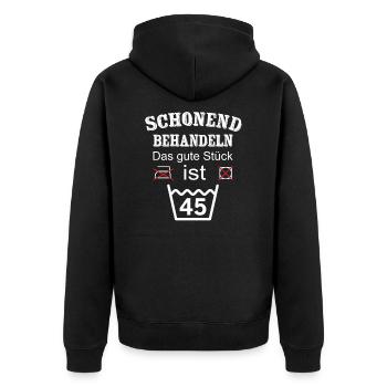 Schonend Behandeln Geschenk zum 45. Geburtstag - Unisex Premium Bio Zip Hoodie - Schwarz - Hinten - Nico (187cm)