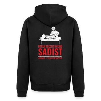 Physiotherapeut | Lustiges Sadist Sprüche Geschenk - Unisex Premium Bio Zip Hoodie - Schwarz - Hinten - Nico (187cm)