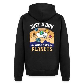 Nur ein Junge, der Planeten liebt - Unisex Premium Bio Zip Hoodie - Schwarz - Hinten - Nico (187cm)