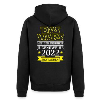 Jugendweihe 2022 - Das wars mit der Kindheit - Unisex Premium Bio Zip Hoodie - Schwarz - Hinten - Nico (187cm)