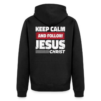 Bleib ruhig und folge Jesus Christus - Christlich - Unisex Premium Bio Zip Hoodie - Schwarz - Hinten - Nico (187cm)