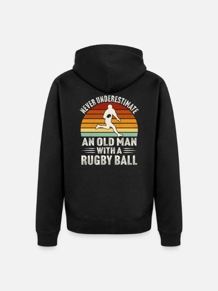 Never underestimate an old man with a rugby ball - Unisex Premium Organic Zip Hoodie - black
