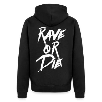 RAVE OR DIE Party/Club/Festival - Unisex Premium Bio Zip Hoodie - Schwarz - Hinten - Nico (187cm)