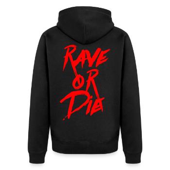 RAVE OR DIE Party/Club/Festival - Unisex Premium Bio Zip Hoodie - Schwarz - Hinten - Nico (187cm)