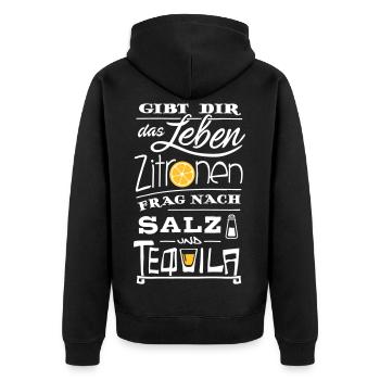 Zitronen Tequila Spruch – Lebensweisheit - Unisex Premium Bio Zip Hoodie - Schwarz - Hinten - Nico (187cm)