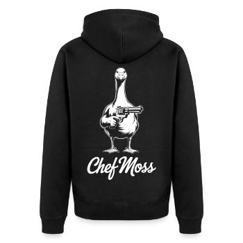 Chefmoss - humorvolles Design Gans mit Pistole - Unisex Premium Bio Zip Hoodie - Schwarz - Hinten - Nico (187cm)