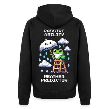 Passive Fähigkeit: Wetterorakel | Wetterfrosch - Unisex Premium Bio Zip Hoodie - Schwarz - Hinten - Nico (187cm)
