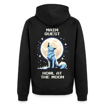 Hauptquest: Heulen zum Mond | Wolf - Unisex Premium Bio Zip Hoodie - Schwarz - Hinten - Nico (187cm)
