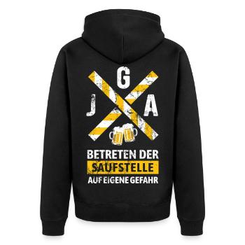 JGA Betreten der Saufstelle Warnhinweis  - Unisex Premium Bio Zip Hoodie - Schwarz - Hinten - Nico (187cm)